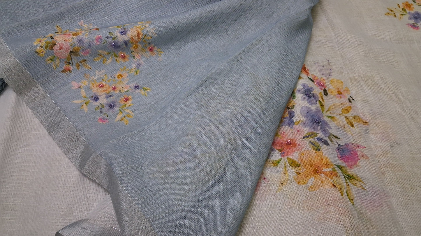Kota digital print saree with hand embroidery beads work