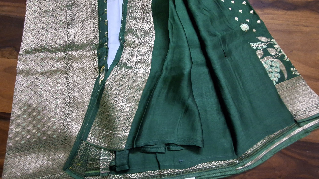 Pure Mashru satin Green silk saree