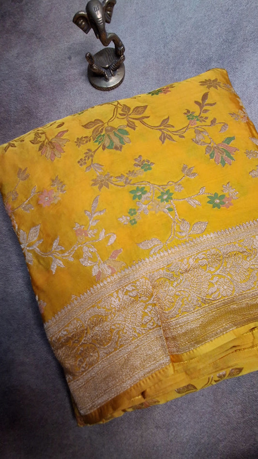 Pure  Mashru satin yellow silk saree