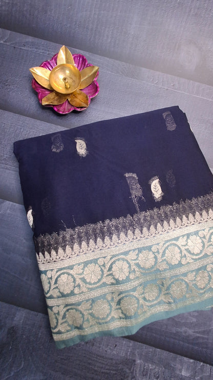 Blue small Butta Benarasi chiffon saree
