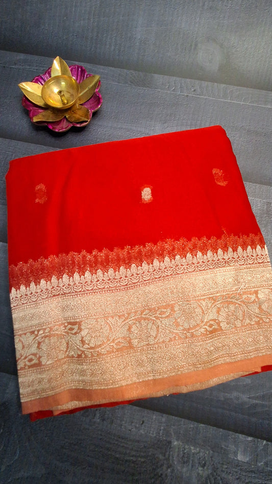 Red small Butta Benarasi chiffon saree
