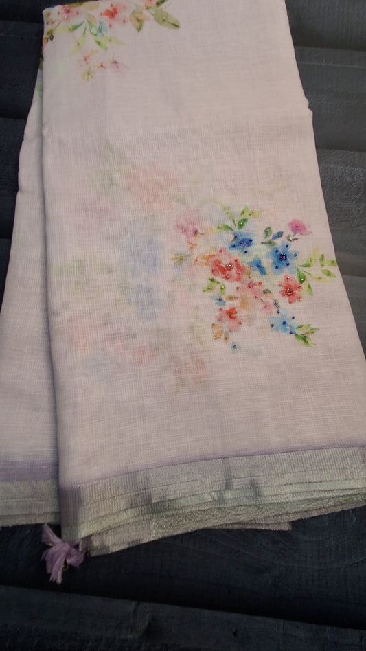 Kota digital print saree with hand embroidery beads work