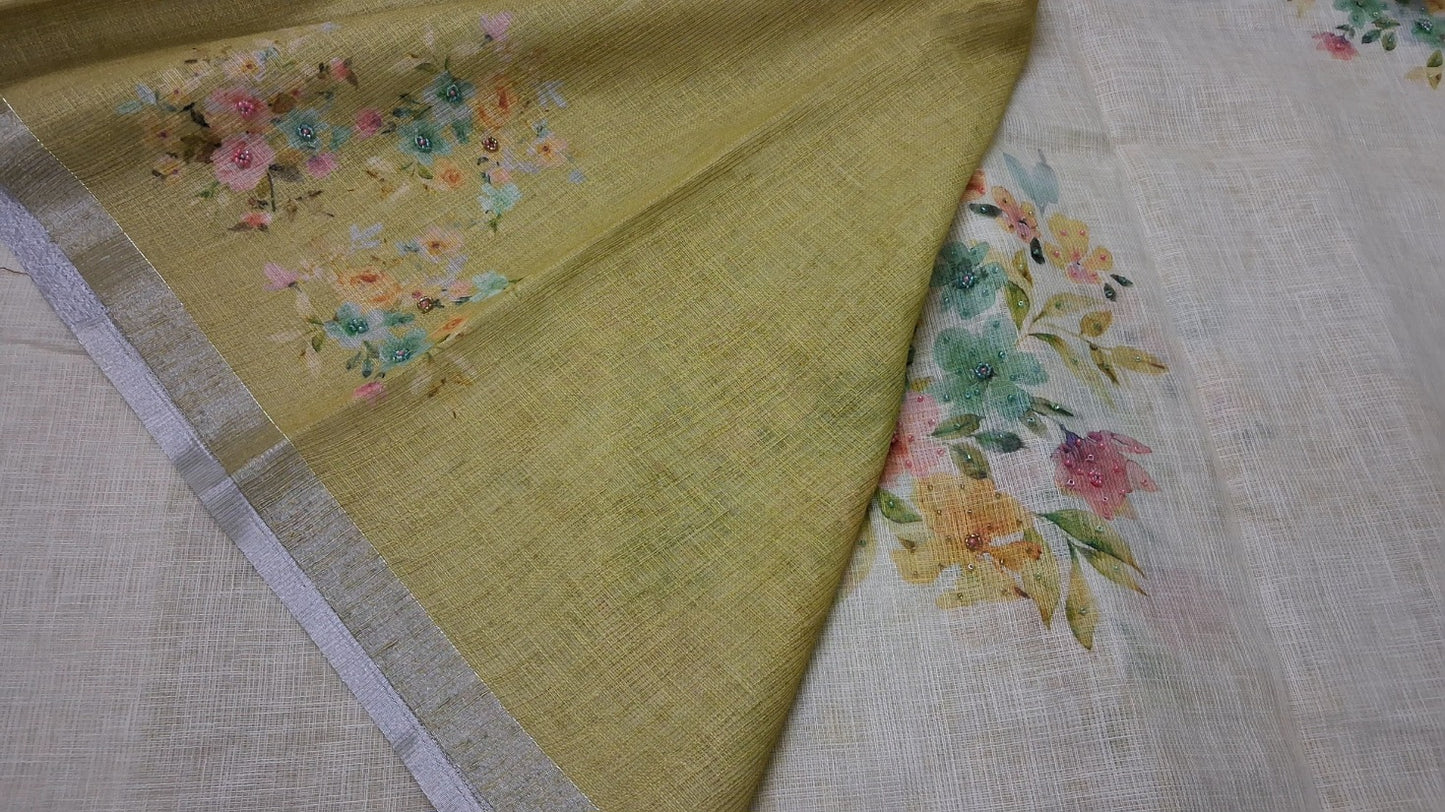 Kota digital print saree with hand embroidery beads work