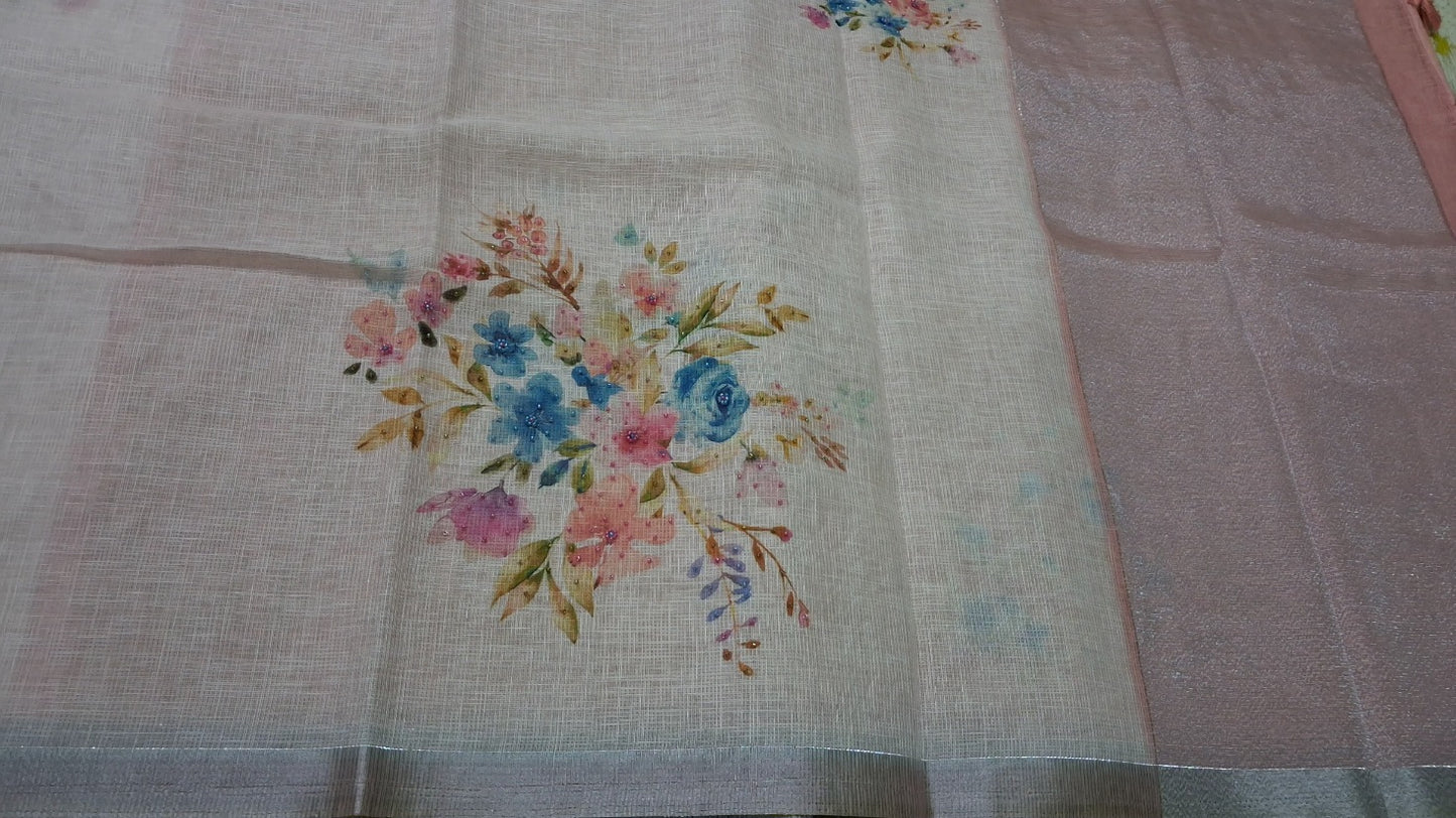 Kota digital print saree with hand embroidery beads work