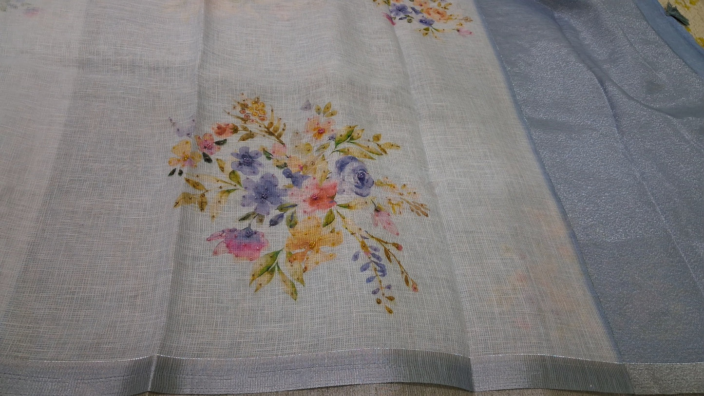Kota digital print saree with hand embroidery beads work