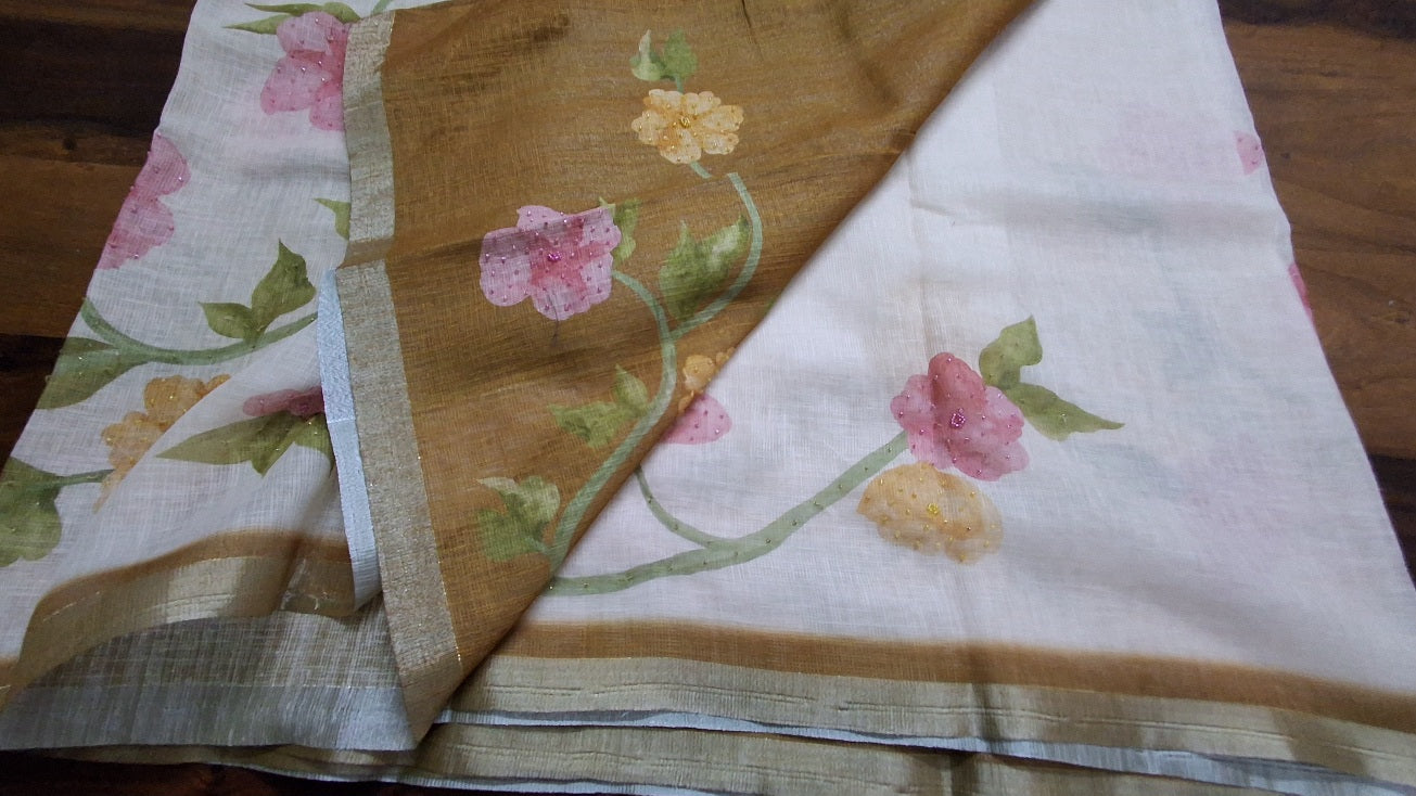 Kota digital print saree with hand embroidery beads work
