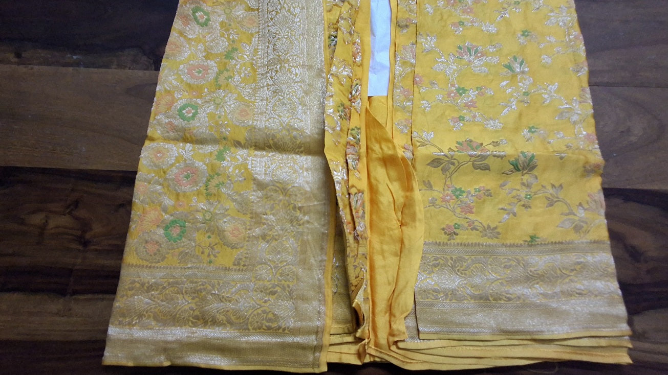 Pure  Mashru satin yellow silk saree