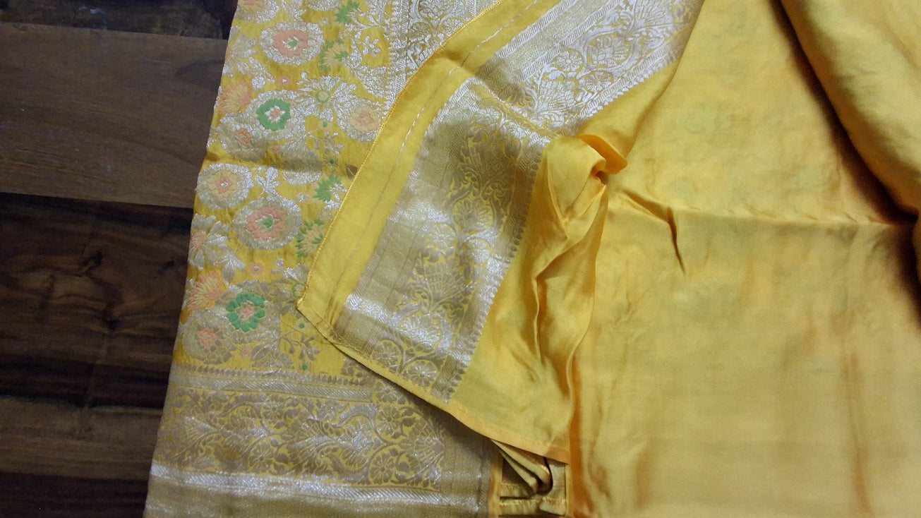 Pure  Mashru satin yellow silk saree